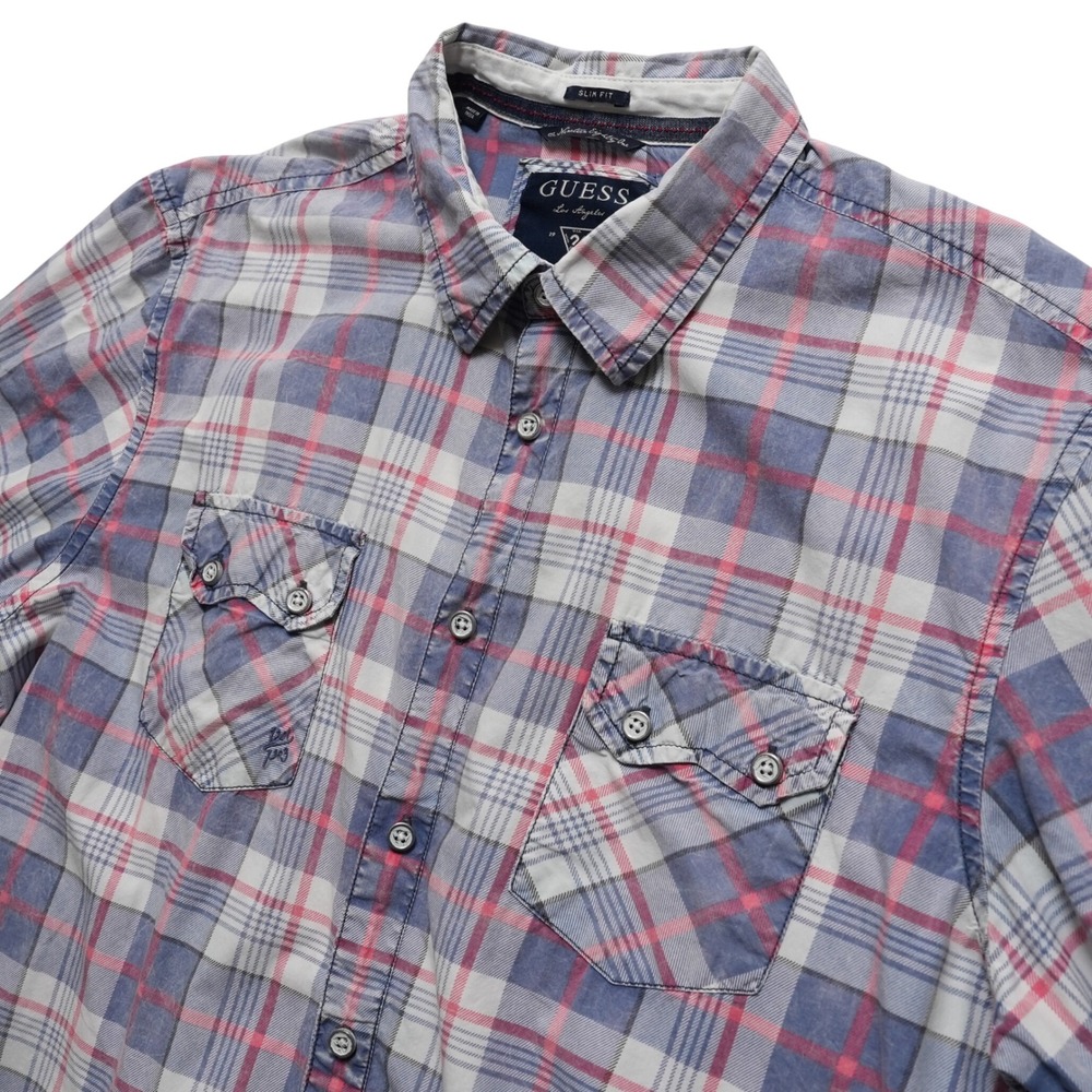 Guess Shirt Mens Large Blue Pink Plaid Slim Fit Western Faded Wash Button Up